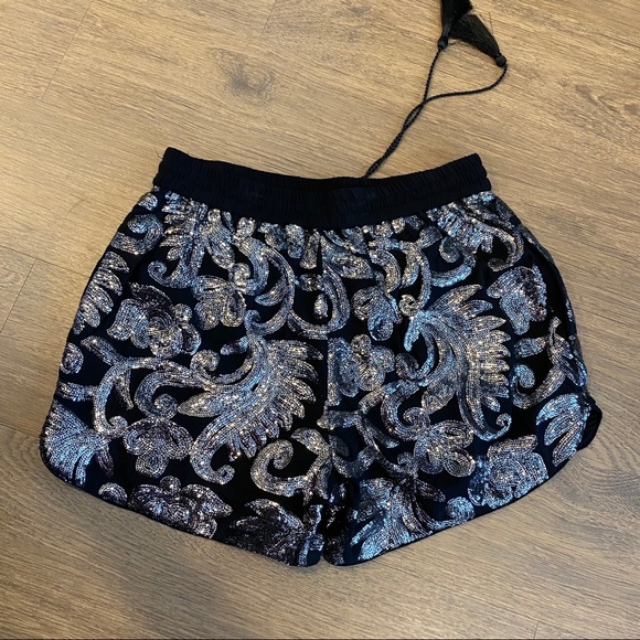 Silver Sequin Paisley Print Shorts w Drawstring  4 - Picture 3 of 11